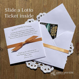 Our 50th Wedding Anniversary Party Favors personalized with thank you notes and gold ribbon on white cardstock.