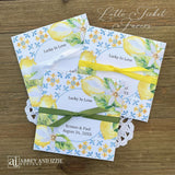 Mediterranean wedding guest favors, personalzied for the bride and groom.  Lottery ticket envelopes adorned with blue tiles and lemons to match your Italian theme.  Slide a lotto ticket in or enclose gift cards, custom coasters, seeds or photos.