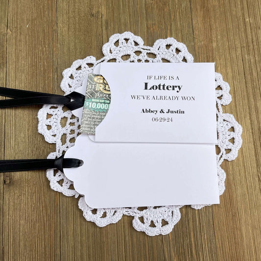 Unique Wedding Favors 'If Life is a Lottery We've Already Won'. Personalzied lottery ticket holders for the bride and groom. Wedding favors that are fun and easy. Your choice of colors to match your wedding theme.