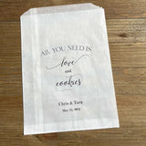 Personalized Wedding Cookie Bags for the bride and groom.  All you need is love and cookies, cookie favor bags or cookie buffet bags.  Printed on glassine bags for an elegant touch.