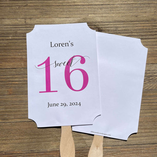 Personalized Sweet 16 Favor Fans for the guest of honor. Printed on white card stock with a large #16 printed in your choice of color. Fans ship fully assembled, two sided with handle hidden. Favor fans make a great keepsake.