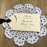 Wedding rehearsal dinner favors to thank your guests for joining you. Slide a lotto ticket in each envelope to see who wins. Personalized lottery ticket envelopes, choice of envelope and ribbon color.