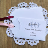 Bring some fun to the party with these 40th birthday party favors, slide a lotto ticket in the envelope and see who wins big.  Each envelope is personalized for the guest of honor and comes in your choice of envelope color and ribbon color.