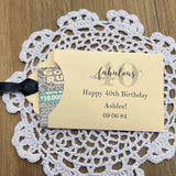 Bring some fun to the party with these 40th birthday party favors, slide a lotto ticket in the envelope and see who wins big.  Each envelope is personalized for the guest of honor and comes in your choice of envelope color and ribbon color.