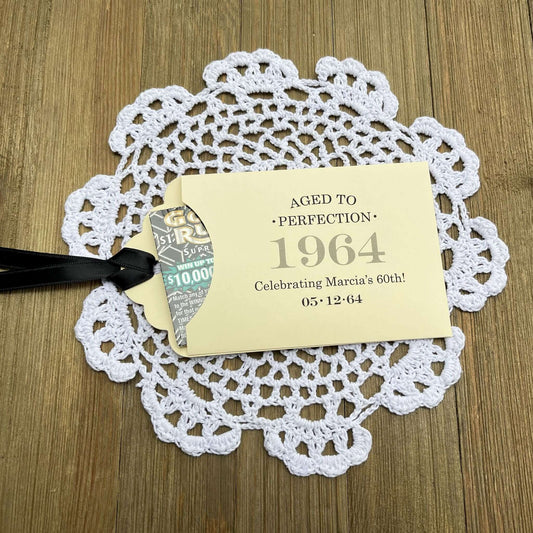 Aged to perfection puts it best for our adult birthday party favors. Fun favors for your birthday party, slide a lottery ticket in these personalized envelopes to see who wins big, great ice breaker for an event. Your choice of envelope and ribbon color.