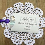 The best adult birthday party favors, slide a lotto ticket in these adorable holders to see which guest wins big.  Personalized favors for the guest of honor, adorned with the birth year, name and birth date of the honoree.  Your choice of envelope and ribbon color.