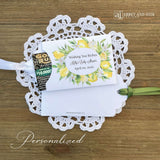 Amalfi Coast Baby Shower Favors Personalized, adorned with a lemon frame.  Baby shower lotter ticket favors, slide a lotto ticket in for a fun favor.  Personalized with 'Wishing you Riches' and the Mom to be Baby shower and date.