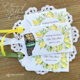 Amalfi Coast Baby Shower Favors Personalized, adorned with a lemon frame.  Baby shower lotter ticket favors, slide a lotto ticket in for a fun favor.  Personalized with 'Wishing you Riches' and the Mom to be Baby shower and date.