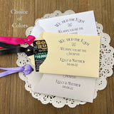 Fun wedding favors personalized, 'we tied the knot we hope you hit the jackpot'.  Lottery ticket wedding favors, slide a scratch off in the open end and see who wins.  Personalized for the bride and groom with your choice of colors.