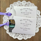Fun wedding favors personalized, 'we tied the knot we hope you hit the jackpot'.  Lottery ticket wedding favors, slide a scratch off in the open end and see who wins.  Personalized for the bride and groom with your choice of colors.