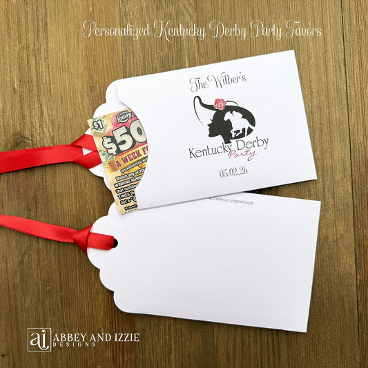 Scratch off Favors For Kentucky Derby, slide a lotto ticket in these adorable envelops. White envelopes tht are personalized for your event, red ribbon which comes attached.