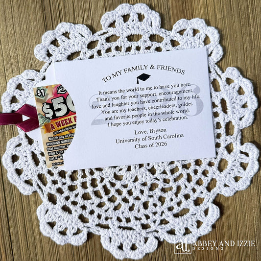 The Best Graduation Party Favors to thank you guests for celebrating with you. Personalized for the graduates special day printed on white card stock your choice of ribbon color. Easy grad party favors, slide a lotto ticket in to see who wins big.