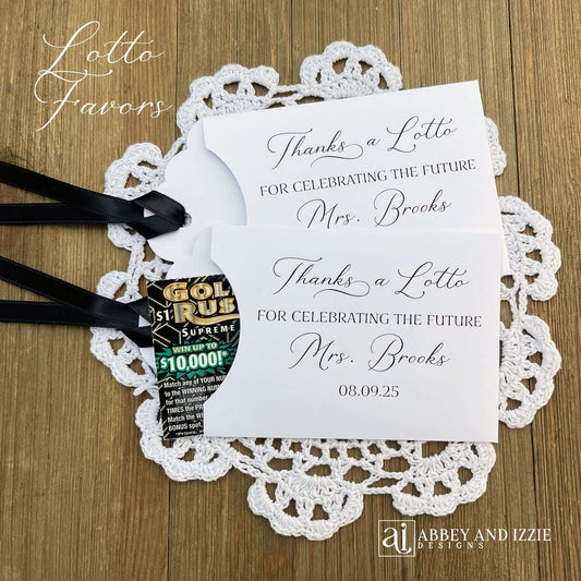 Bridal Shower Instant Lotto Favors, unique and fun favors for your guests. Slide a lottery ticket in to see who wins. Printed on white or turquoise card stock, thanks a lotto for celebrating the future Mrs. personalized for the bride to be.