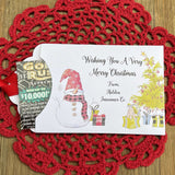 Small Christmas gift Lottery Ticket Envelopes featuring a snowman design and red ribbon, perfect for holiday gifting.