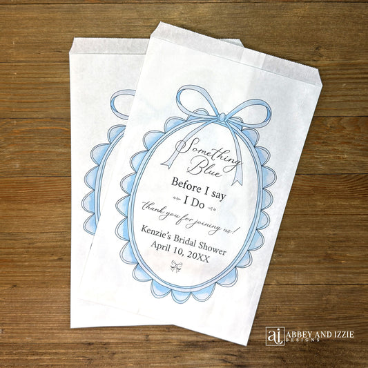 Something Blue Before I Do Bridal Shower Favor Bags, Celebrate your bridal shower with personalized favor bags that set the perfect tone. Always a popular theme for a bridal shower these are sure to impress your guests. Personalized for the bride to be, fill these with sweet treats or what ever you wish. Great for candy buffets or the always fun cookie bars.