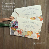 Personalized Thanksgiving Table Favors ship assembled and ready for the day.  Printed on ivory cardstock with fall accents and gold or moss green ribbon which comes attahced.  These Thanksgiving Dinner Favors are sure to add some fun to the Holiday.