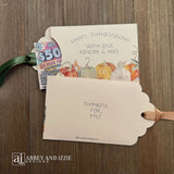 Personalized Thanksgiving Table Favors ship assembled and ready for the day.  Printed on ivory cardstock with fall accents and gold or moss green ribbon which comes attahced.  These Thanksgiving Dinner Favors are sure to add some fun to the Holiday.