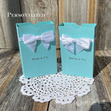 Tiffany & co. Personalized Favor Boxes for any Event.  Boxes feature white ribbon around the top adorned with a white box.  Great for candy or any sweet treat.