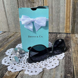 Tiffany & co. Personalized Favor Boxes for any Event.  Boxes feature white ribbon around the top adorned with a white box.  Great for candy or any sweet treat.