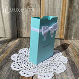Tiffany & co. Personalized Favor Boxes for any Event.  Boxes feature white ribbon around the top adorned with a white box.  Great for candy or any sweet treat.