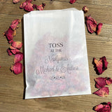 Wedding Petal Toss Bags Personalized  for the bride and groom.  Printed on glassine bags for an elegant touch.  Fill with rose petals, confetti,  flower petals, lavender or rice. Toss at the newlyweds when they exit.