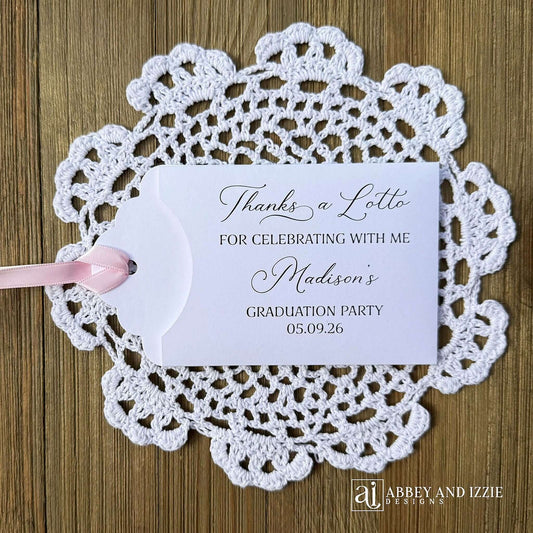 Don't settle for ordinary party favors—choose our girls graduation party favors that truly celebrate your graduate's success. Our girls graduation party favors are designed to impress guests and create lasting memories of this pivotal moment. Everyone will be delighted to find a scratch off lotto ticket tucked inside these adorable envelopes. Printed on white cardstock with your choice of ribbon color.