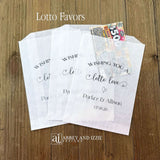 Our personalized wedding scratch off holders are ready to slide a instant lottery ticket in for a fun and memorable wedding favor.  Each is printed with 'Wishing you a lotto love' with the bride and grooms names and wedding date.