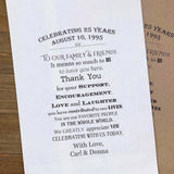 Anniversary Favor Bags Personalized for the honorees.  Your choice of brown or white bags, printed with a sweet thank you to your guests.