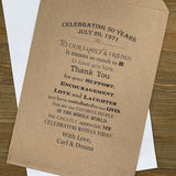 Anniversary Favor Bags Personalized for the honorees.  Your choice of brown or white bags, printed with a sweet thank you to your guests.