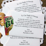 50th wedding anniversary party favors, personalized with a sweet saying to let your friends and family know how much they mean to you. Printed on white envelopes with a gold ribbon attached.