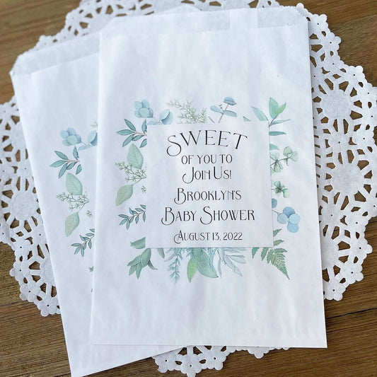 Greenery Baby Shower Favor Bags, personalized for the mother to be. Printed with 'sweet of you to join us' with a greenery frame, these will be perfect for cookie bags or candy buffet bags.