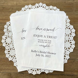 Love is sweet enjoy a treat bridal shower favor bags.  Personalized bridal shower bags for candy buffet, cookies, or treats.