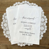 Love is sweet enjoy a treat bridal shower favor bags.  Personalized bridal shower bags for candy buffet, cookies, or treats.