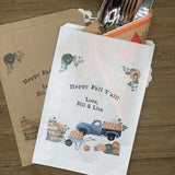 Thanksgiving Favor Bags Utensil Bags Personalized that are perfect for napkin and utensils.  Printed with an old truck and pumpkins these are also perfect for cookies or candy.
