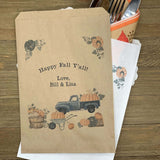 Thanksgiving Favor Bags Utensil Bags Personalized that are perfect for napkin and utensils.  Printed with an old truck and pumpkins these are also perfect for cookies or candy.