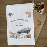 Thanksgiving Favor Bags Utensil Bags Personalized that are perfect for napkin and utensils.  Printed with an old truck and pumpkins these are also perfect for cookies or candy.