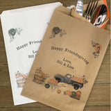 Thanksgiving Favor Bags Utensil Bags Personalized that are perfect for napkin and utensils.  Printed with an old truck and pumpkins these are also perfect for cookies or candy.