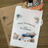 Thanksgiving Favor Bags Utensil Bags Personalized that are perfect for napkin and utensils.  Printed with an old truck and pumpkins these are also perfect for cookies or candy.