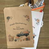 Thanksgiving Favor Bags Utensil Bags Personalized that are perfect for napkin and utensils.  Printed with an old truck and pumpkins these are also perfect for cookies or candy.
