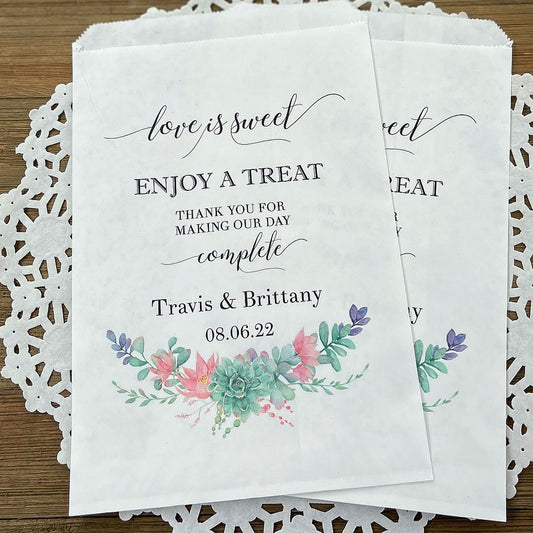 Wedding Succulent Favor Bags printed on white bags, love is sweet, enjoy a treat, thank you for making our day complete. Personalized with the bride and grooms names and wedding date.