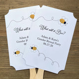 Looking for fun Gender Reveal Favor Fans?  Look no further our 'what will it bee' favor fans are perfect.  Printed on white card stock, adorned with sweet bees and personalized for the parents to be.  Shipped fully assembled, two sided with handle hidden between.