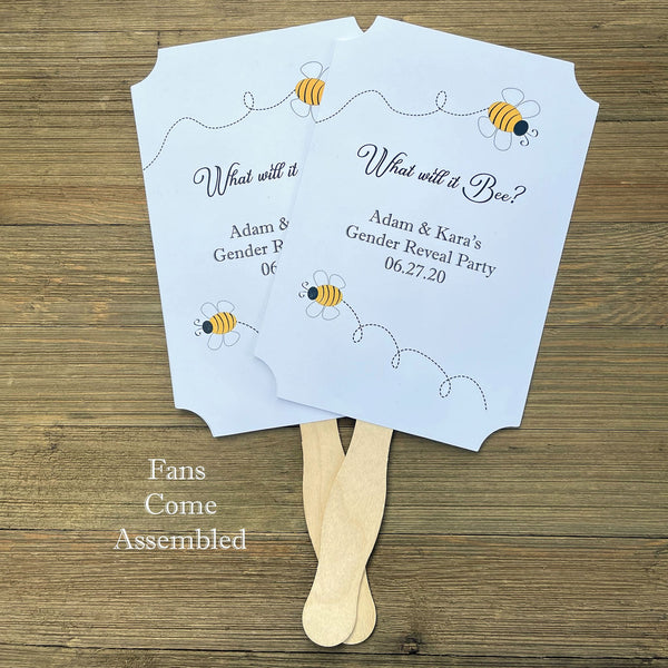 Looking for gender reveal party ideas?  Look no further our 'what will it bee' favor fans are perfect.  Printed on white card stock, adorned with sweet bees and personalized for the parents to be.  Shipped fully assembled, two sided with handle hidden between.