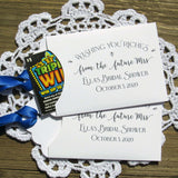 Wishing you riches from the future Mrs. bridal shower favors.  These fun bridal shower favors are personalized for the bride to be, slide a lottery ticket in the envelope and see who wins.