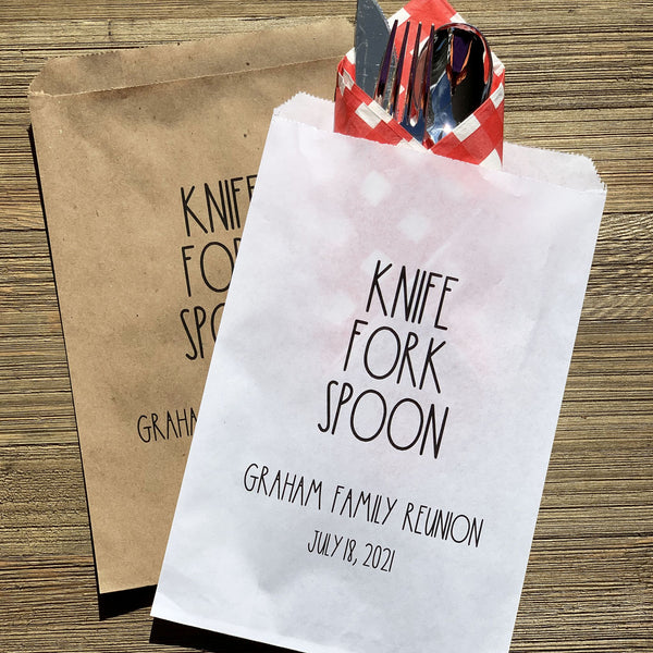 Utensil Bags for Family Reunion personalized with knife, fork , spoon, family name and date.  Choice of white or brown bags these silver ware  bags will be a fun addition for your event.