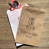 Family Reunion Utensil Bags personalized with knife, fork , spoon, family name and date.  Choice of white or brown bags these silver ware  bags will be a fun addition for your event.
