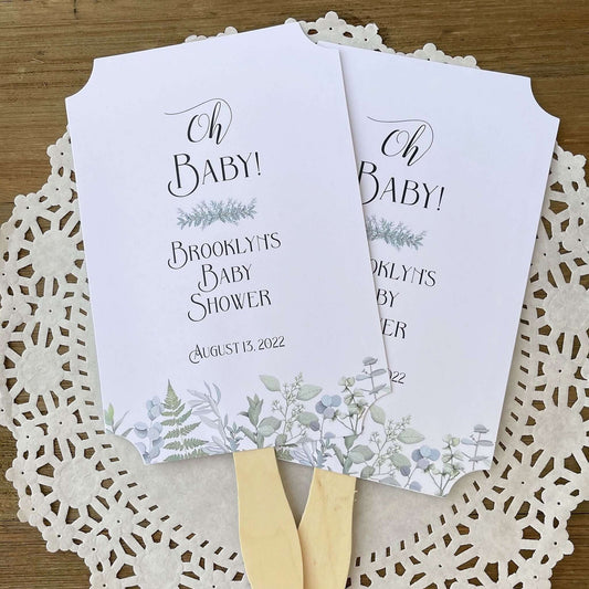 Personalized Baby Shower Favor Fans for the Mom to be. Printed with 'Oh Baby' with greenery.