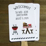 Family Reunion fans with a barbecue theme.  Personalized reunion fans are printed on white card stock and ship to you fully assembled, 2 sided so handle is hidden between.