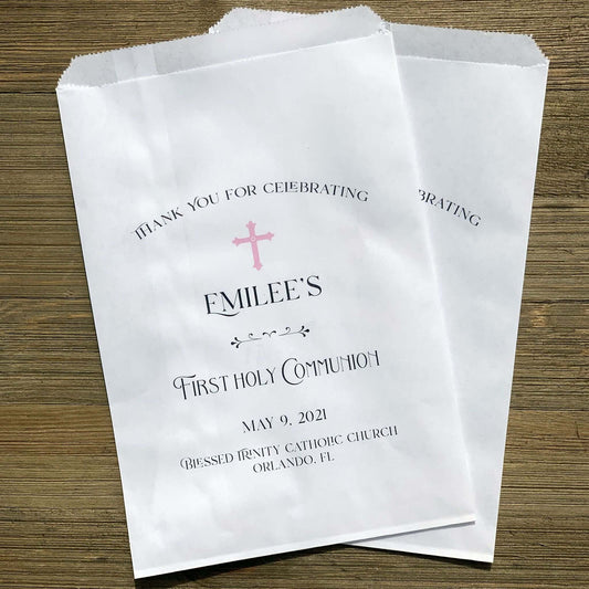 Girls First Communion Favor Bags personalized with childs name, date and church.