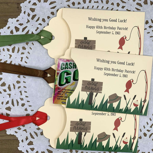 Fishing Theme Birthday Party Favors, slide a lottery ticket in these adorable envelopes for a fun guest favor. Made from ivory card stock, ribbon included which comes attached. Adorned with fishing art, these are perfect favors for the fisherman party.