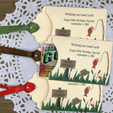 Fishing Theme Birthday Party Favors, slide a lottery ticket in these adorable envelopes for a fun guest favor.  Made from ivory card stock, ribbon included which comes attached.  Adorned with fishing art, these are perfect favors for the fisherman party.
